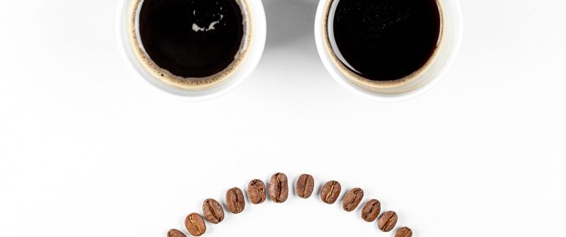 Sad day, Black Coffee, Coffee cups, Coffee beans, White background, Sad mood, Sad smiley, 5K