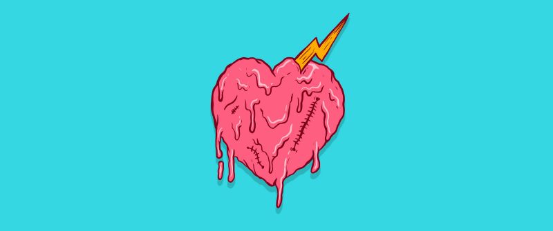 Drippy heart, Melting heart, Pink Heart, Turquoise background, Simple