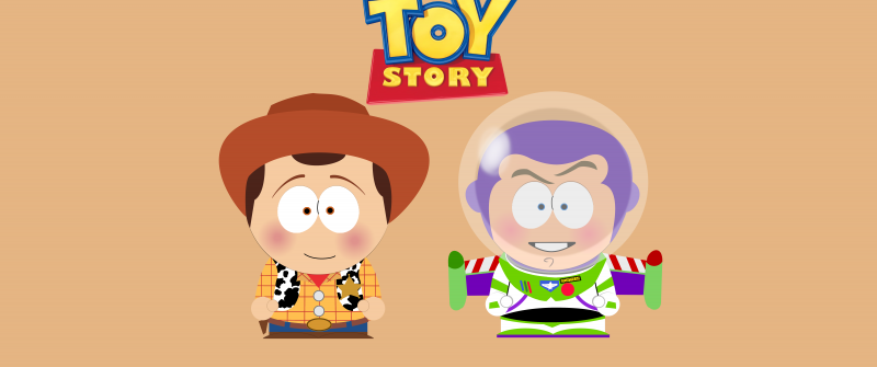 South Park style, Toy Story, Woody, Buzz Lightyear, Pastel background, 5K, 8K, 10K