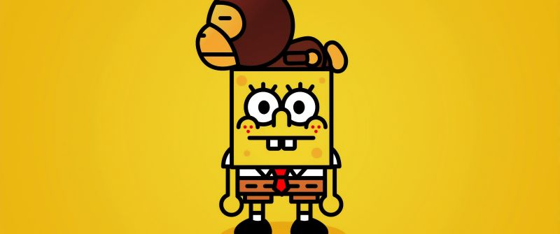 SpongeBob SquarePants, Monkey, Yellow background, Simple