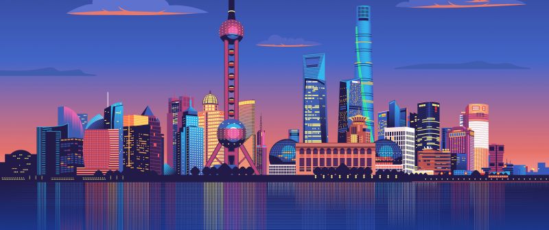 Shanghai City, Illustration, Shanghai Night, Cityscape, Panorama, Night City, Poster, 5K, Skyline