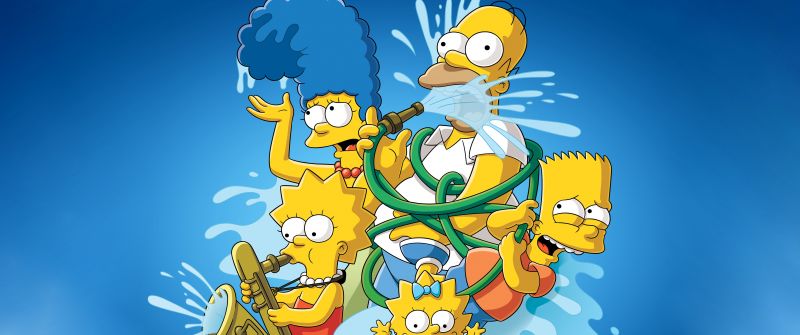 The Simpsons, Homer Simpson, Marge Simpson, Bart Simpson, Lisa Simpson, Maggie Simpson, Simpson family, Blue background