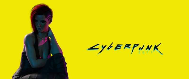 V (Cyberpunk), Yellow background, Cyberpunk girl, Neon text
