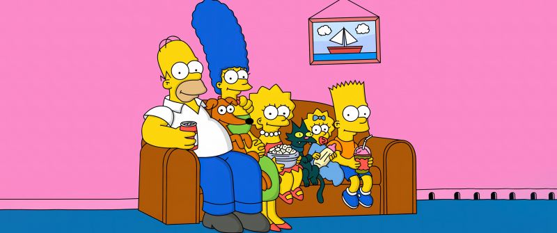 Simpson family, 5K, The Simpsons, Homer Simpson, Marge Simpson, Bart Simpson, Lisa Simpson, Maggie Simpson, Snowball cat, Santa's Little Helper, Pink background