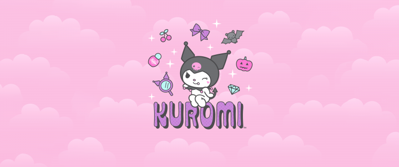 Kuromi, Cartoon, Hello Kitty, Pink background, Black jester hat, Pink skull, White rabbit, 5K, Girly backgrounds