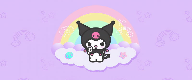 Kuromi, Hello Kitty, Black jester hat, Pink skull, White rabbit, Purple background, 5K, Cartoon, Girly backgrounds