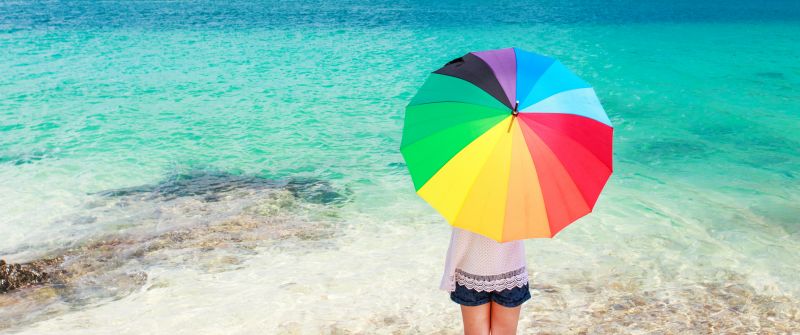 Beach, Girl, Umbrella, Sea, Fashion, Sunny day, 5K, Summer