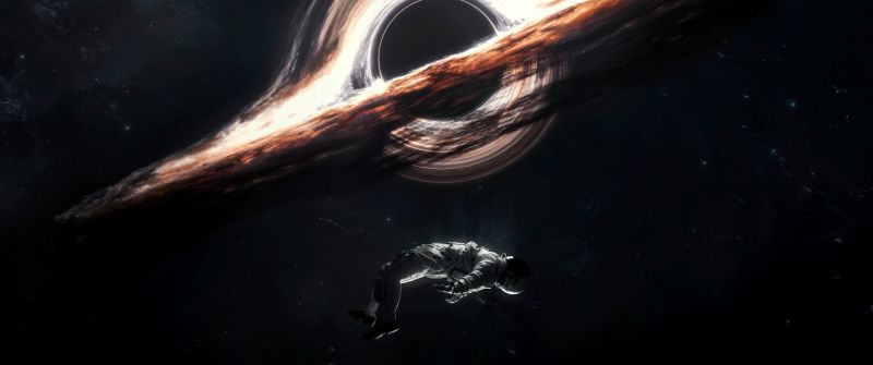 Gargantua black hole, Astronaut, Interstellar, Cosmos, Wormhole, 5K, Dark background