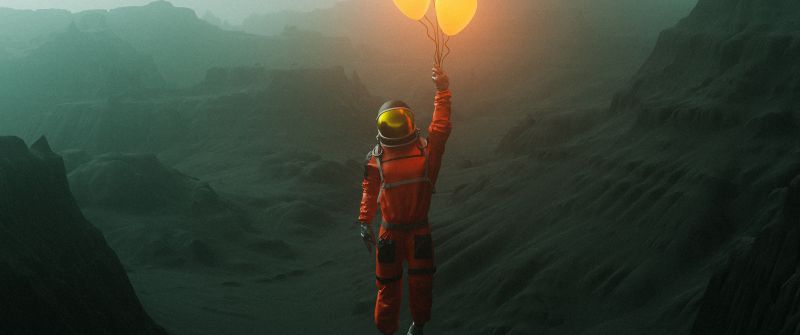 Space suit, Dream, Surreal, Balloons, Mountains