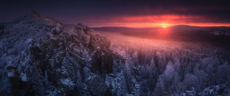 Ural Mountains, Sunset, Mountain range, Winter forest, 5K