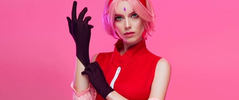 Sakura Haruno, Cosplay, Naruto Shippuden, Pink background