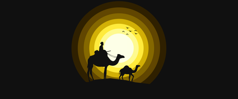 Camels, Sun, Silhouette, Yellow, Black background, Simple