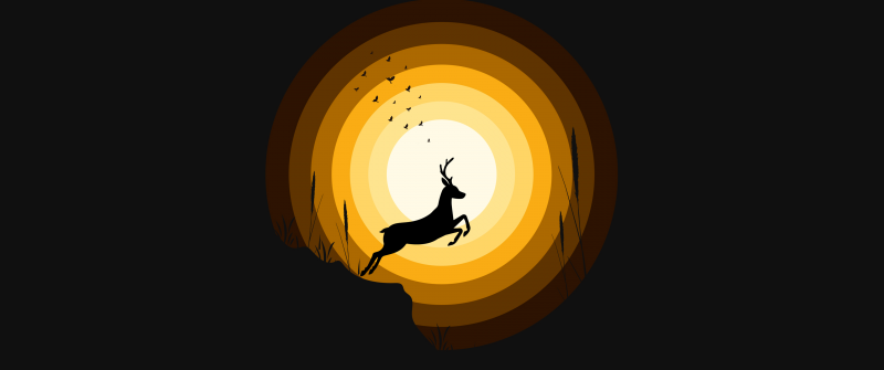 Deer, Silhouette, Sun, Dark background, Simple