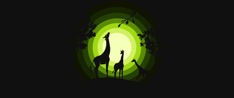 Giraffe, Giraffe cubs, Silhouette, Forest, Moon, Green, Black background, Simple