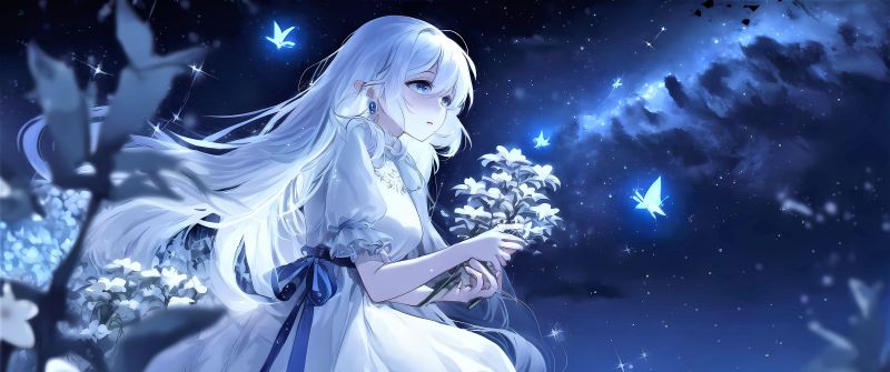 Anime girl, Milky Way, Dream girl, Blue background, Night, 5K