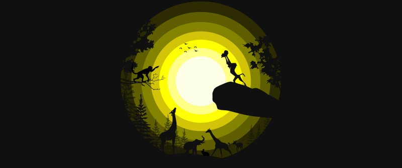 The Lion King, Rafiki, Simba, Forest, Pride Rock, Silhouette, Yellow, Black background, Simple