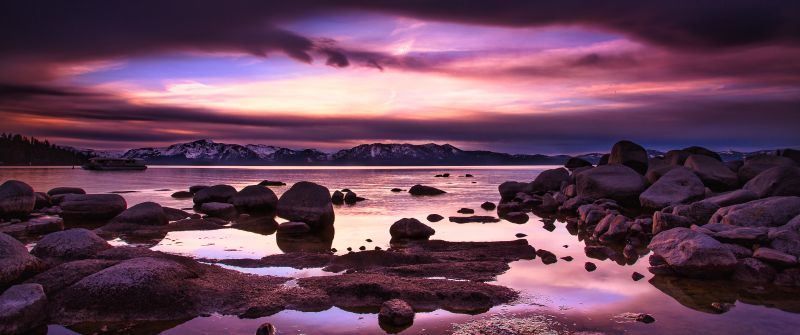 Lake Tahoe, Zephyr Cove, Sierra Nevada mountains, Twilight, Sunset, Landscape, United States, 5K