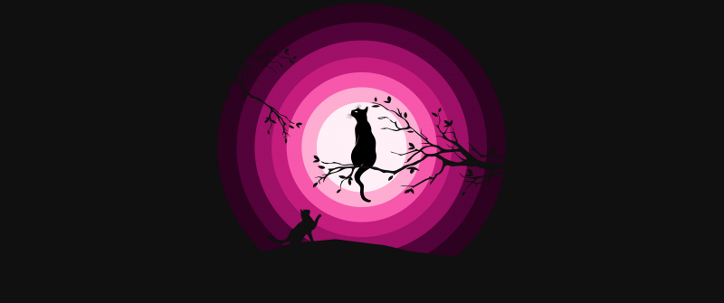 Cats, Moon, Pink, Silhouette, Black background, Simple