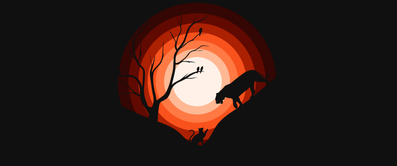 Jaguar, Cat, Sun, Silhouette, Black background, Orange, Simple