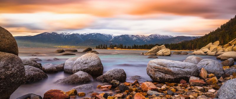 Lake Tahoe, Sierra Nevada mountains, Rocks, Landscape, 5K