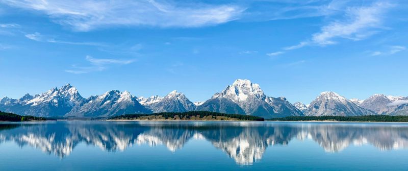 Grand Teton National Park, Mountains, Lake, Clear sky, Sky blue, Reflections, Wyoming