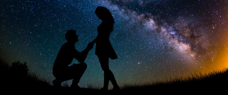 Couple, Lovers, Proposal, Silhouette, Starry sky, Romantic, Engagement