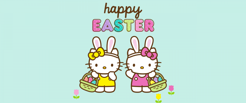 Happy Easter, Cute hello kitties, Pastel background, 5K, Hello Kitty background, Sanrio