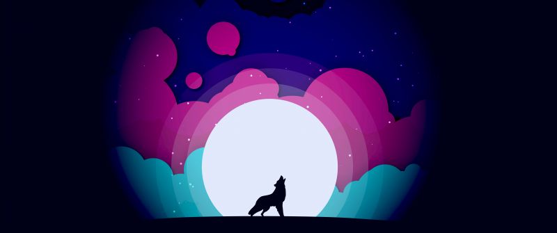 Wolf, Howling, Moon, Silhouette, Colorful gradients, Black background, Simple