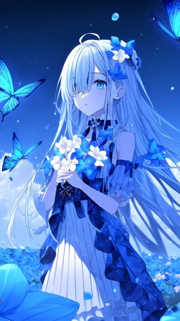 Anime girl, Beautiful, Butterflies, Blue background, 5K