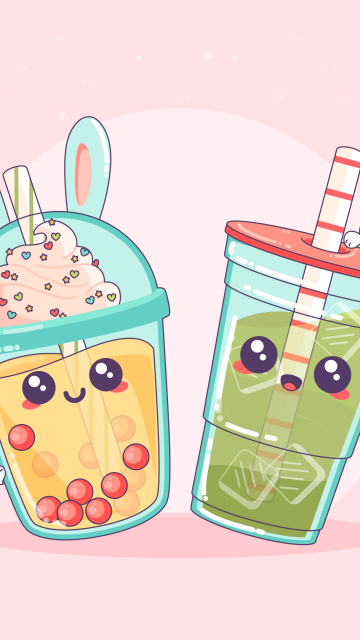 Kawaii bubble tea, Kawaii boba tea, Cute tea cups, Pink background, Girly backgrounds