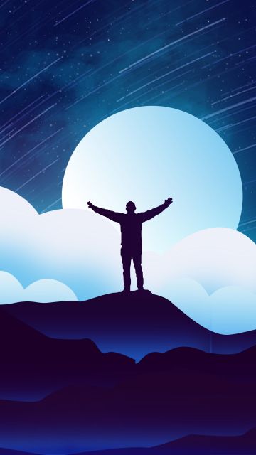 Man, Alone, Silhouette, Moon, Night, Clouds, Illustration, Starry sky, 5K
