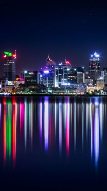 Auckland, Cityscape, Night, City lights, Reflection, Urban, New Zealand