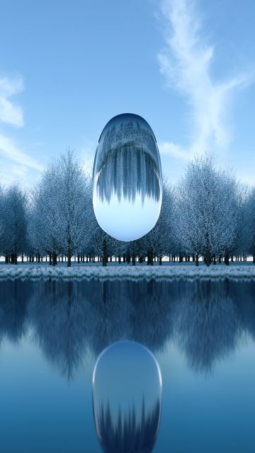 Surreal, Winter, Frozen trees, Reflection, Lake, 3D, Glass, 5K, Cold, Aesthetic