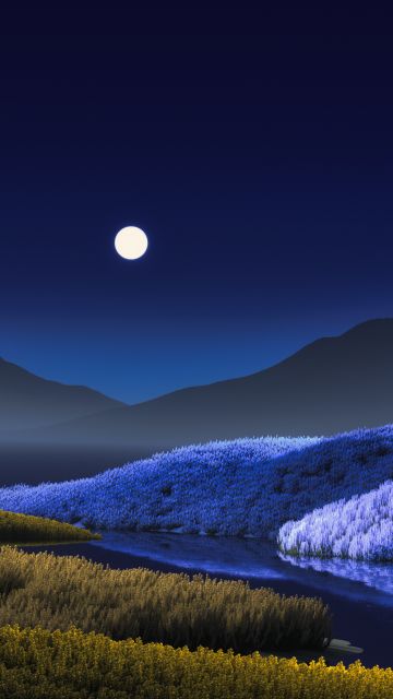 Night, Landscape, Surreal, Windows 11, Moon, Lake, Colorful