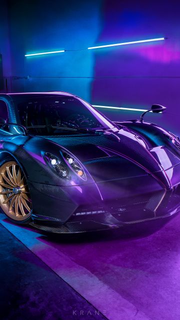Pagani Huayra Roadster, Sports cars, Neon background, 5K, Purple aesthetic, Purple background