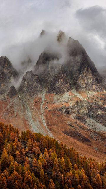 Mountains, Forest, Autumn, Foggy, Peak, Grisons, Switzerland, 5K