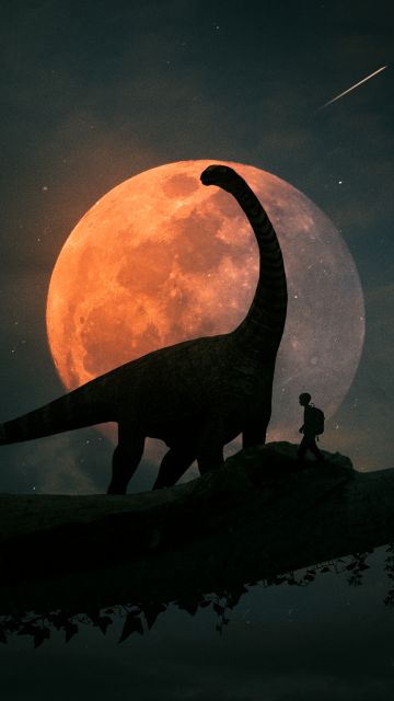 Dinosaur, Kid, Night, Travel, Discover, Moon, Silhouette