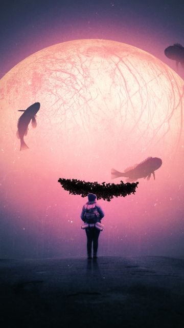 Explorer, Alone, Surreal, Dream, Fishes, Moon, Travel