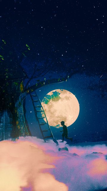 Tree house, Dream, Moon, Night, Surreal