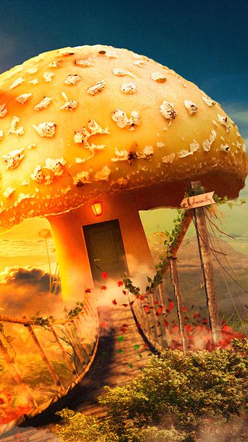 Mushroom house, Surreal, Bridge, Dream, Clouds