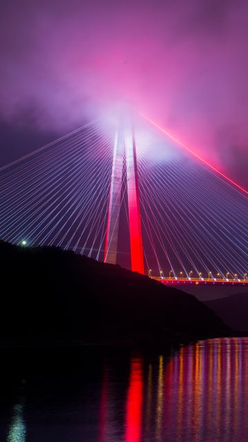 Yavuz Sultan Selim Bridge, Istanbul, Turkey, 5K, Night lights, Reflection