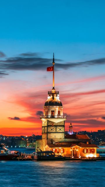 Kız Kulesi, Maiden's Tower, Istanbul, Turkey, Landmark, 5K, Twilight, Sunset