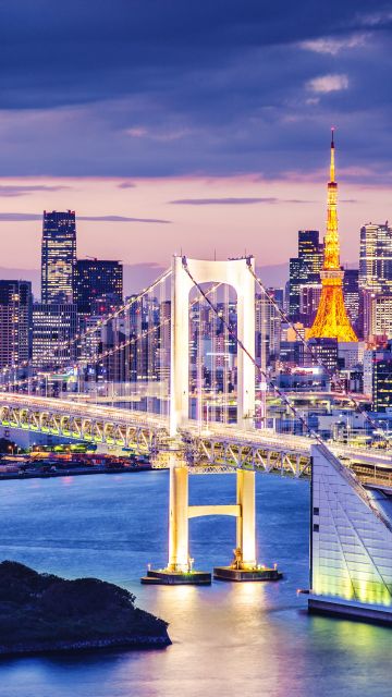 Rainbow Bridge, Illuminated, Tokyo, Japan, Twilight, Cityscape, City lights, 5K