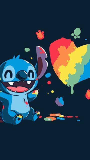 Stitch, Love heart, Illustration, Rainbow, Dark blue, Paint, 5K, 8K