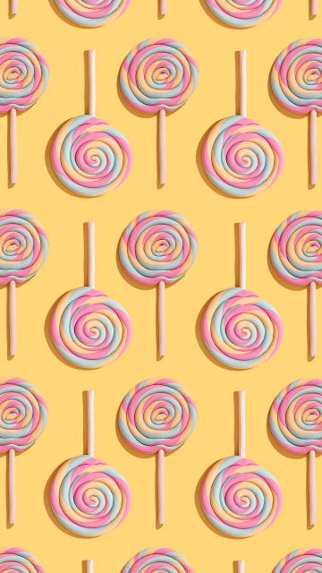 Lollipop, Pattern, Yellow background, Multicolor, Spiral, Aesthetic, 5K
