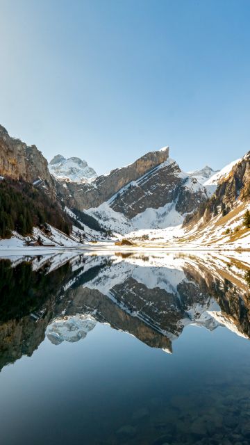 Seealpsee lake, Swiss Alps, Mountain range, Reflection, Daytime, Lake, Winter, Switzerland, 5K