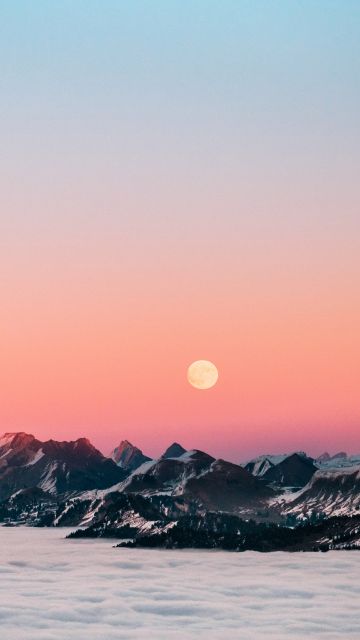 Fronalpstock mountains, Schweiz, Switzerland, Twilight, Moonrise, 5K