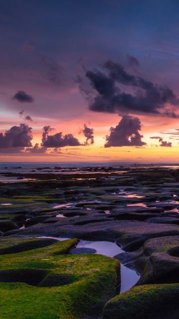 Rocky beach, Coastline, Sunset, Horizon, Dusk, Pukutatan, Indonesia, 5K