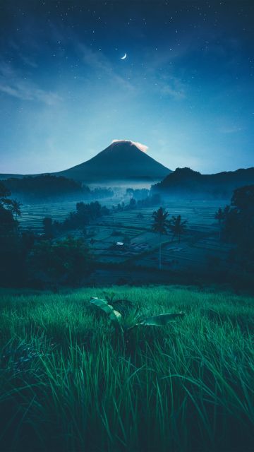 Mount Agung, Volcano, Rice fields, Bali, Indonesia, Crescent Moon, Starry sky, Night