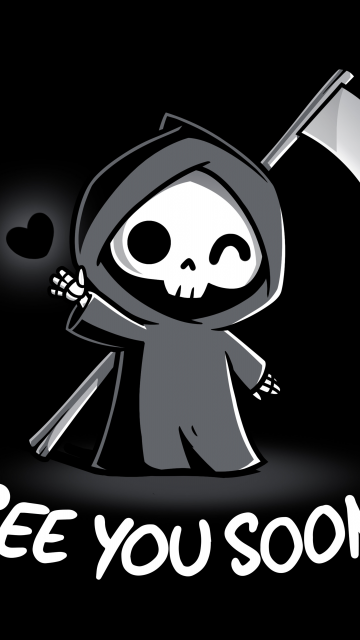 See you soon, Grim Reaper, Black heart, Black background, 5K, Cartoon, 8K